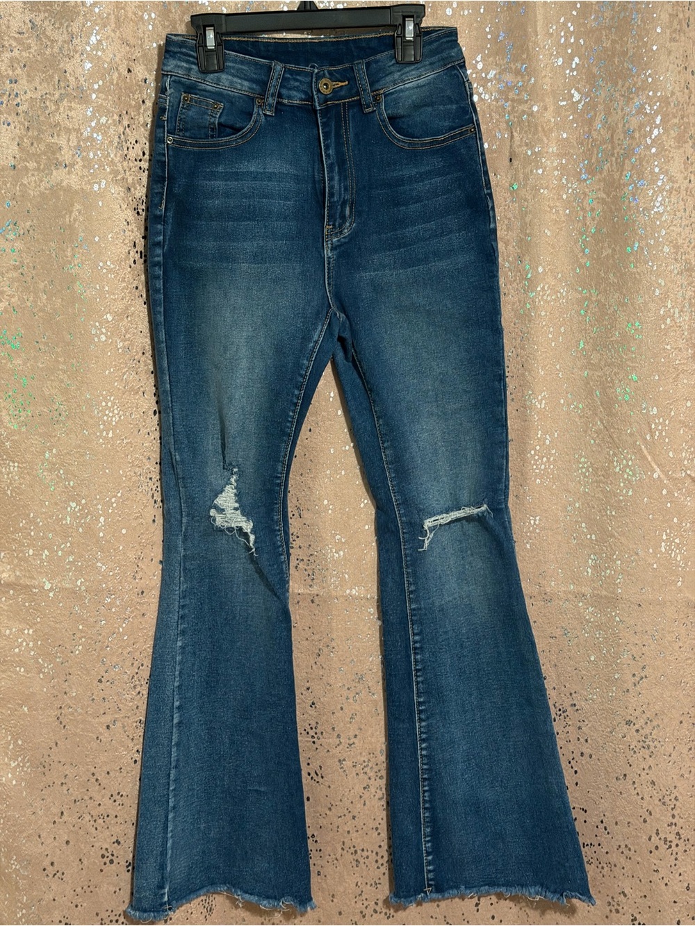 SHEIN Dark Blue Distressed Flare Jeans